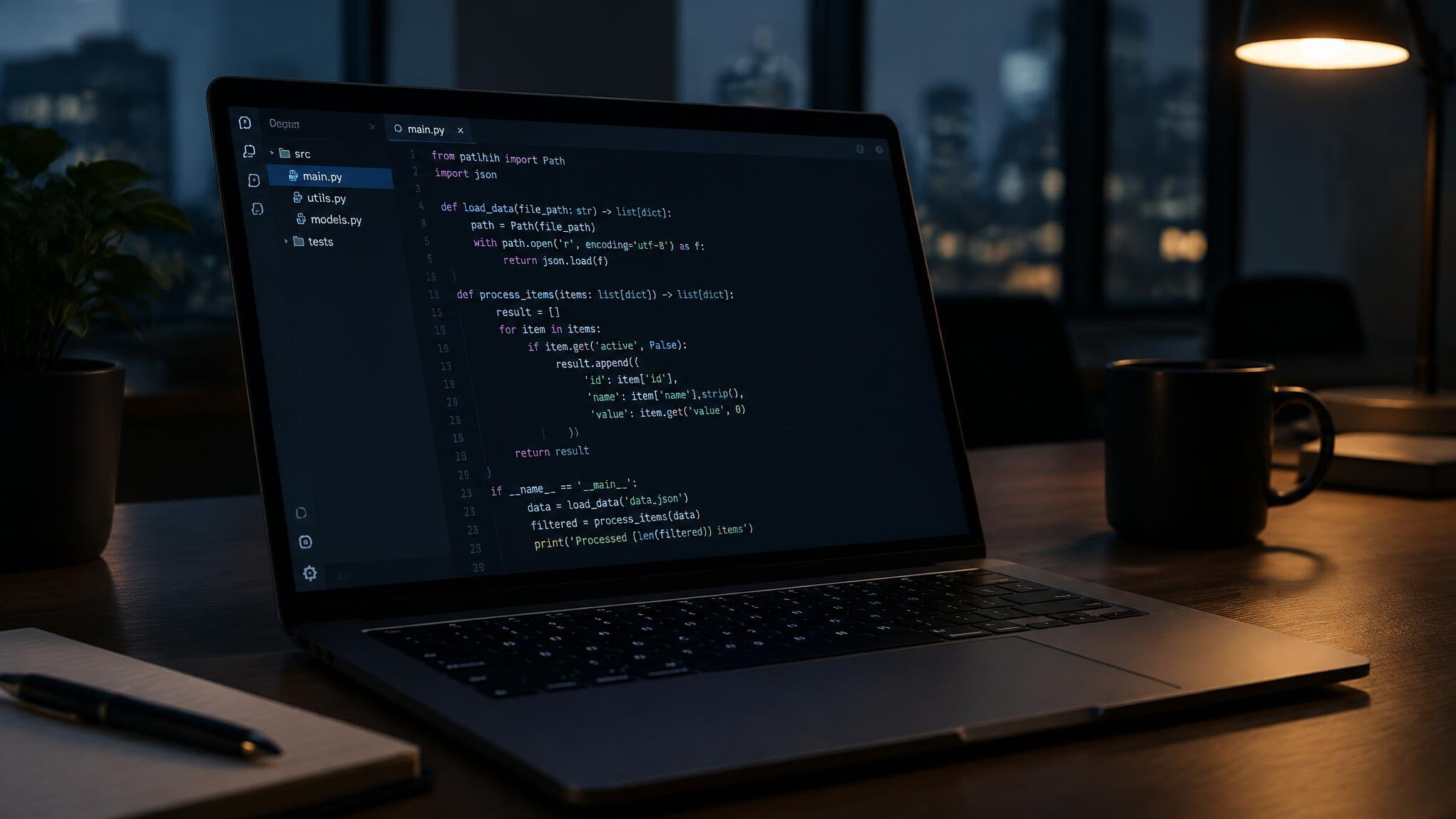 Software code displayed on a laptop in a dark room