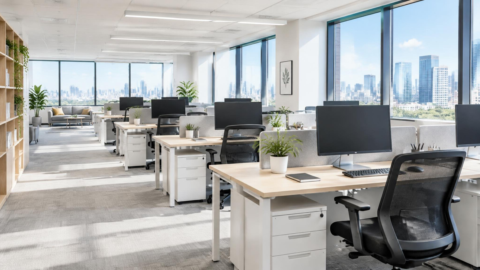 Bright open-plan office with desks and computers