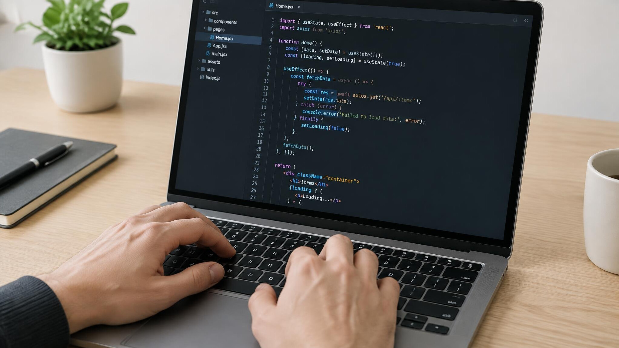 Hands typing on a laptop keyboard with code on screen