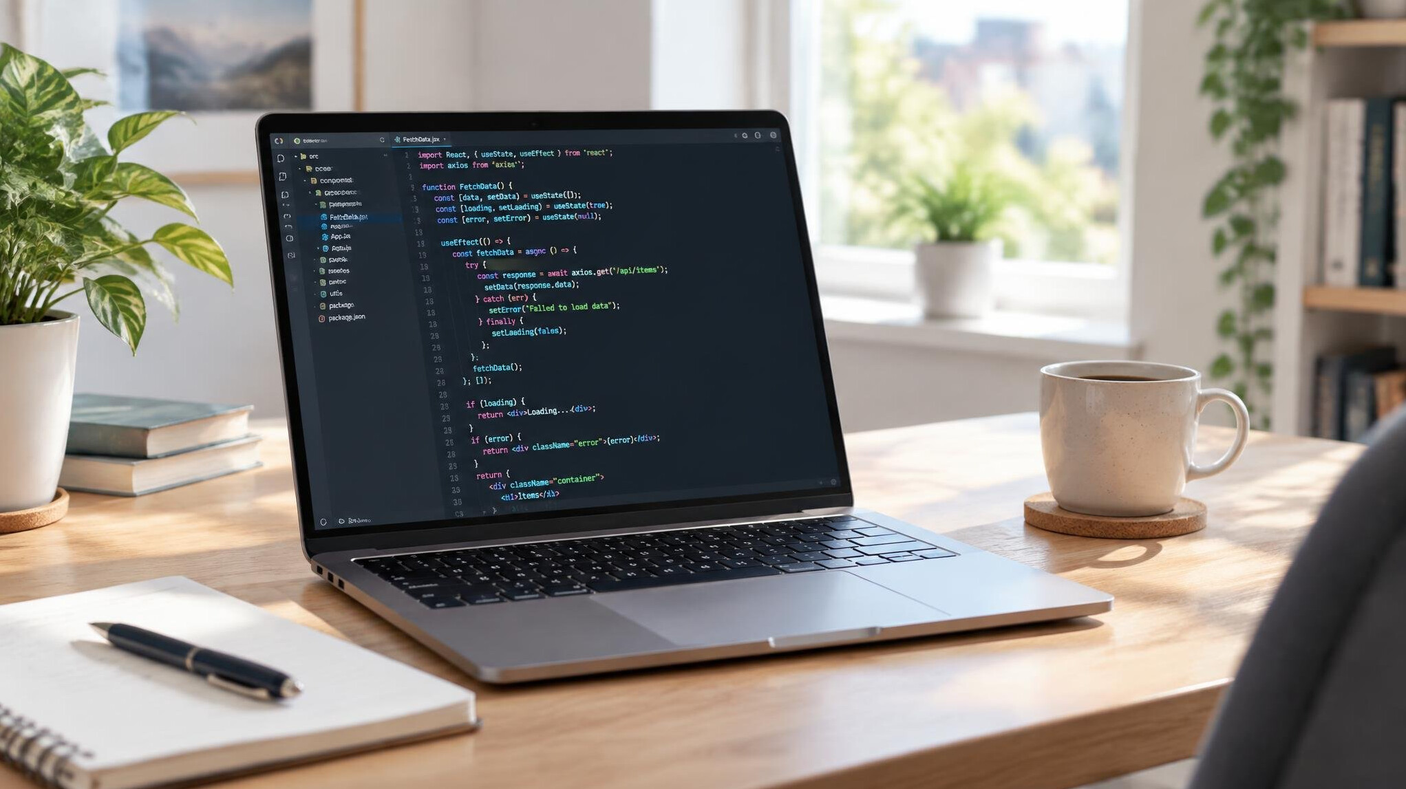Laptop with source code on screen on a modern desk
